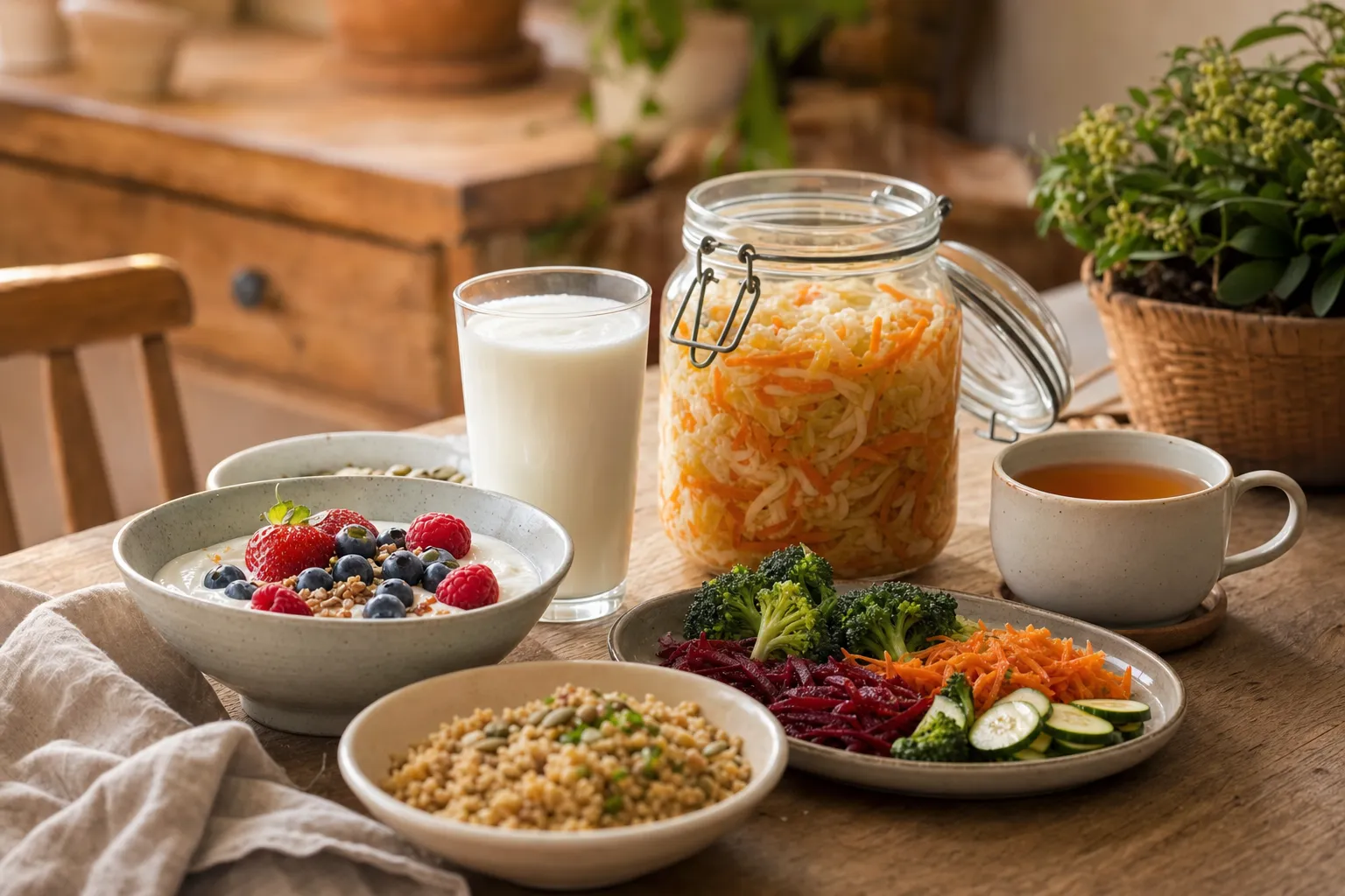 Darmfreundliche Lebensmittel wie Joghurt mit Beeren, Kefir, fermentiertes Gemüse und Vollkorn auf einem warmen Küchentisch – Darmgesundheit
