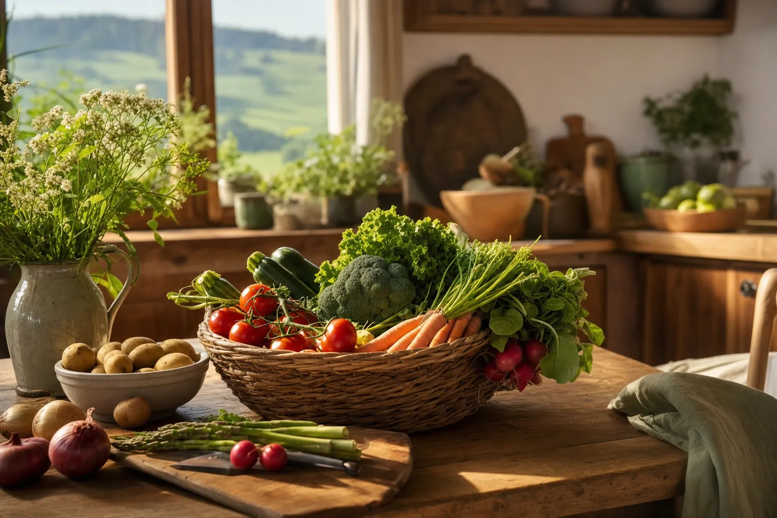 Frisches regionales Gemüse in einer warmen Landküche mit Blick auf grüne Hügel – Ernährungsberatung in Oberösterreich