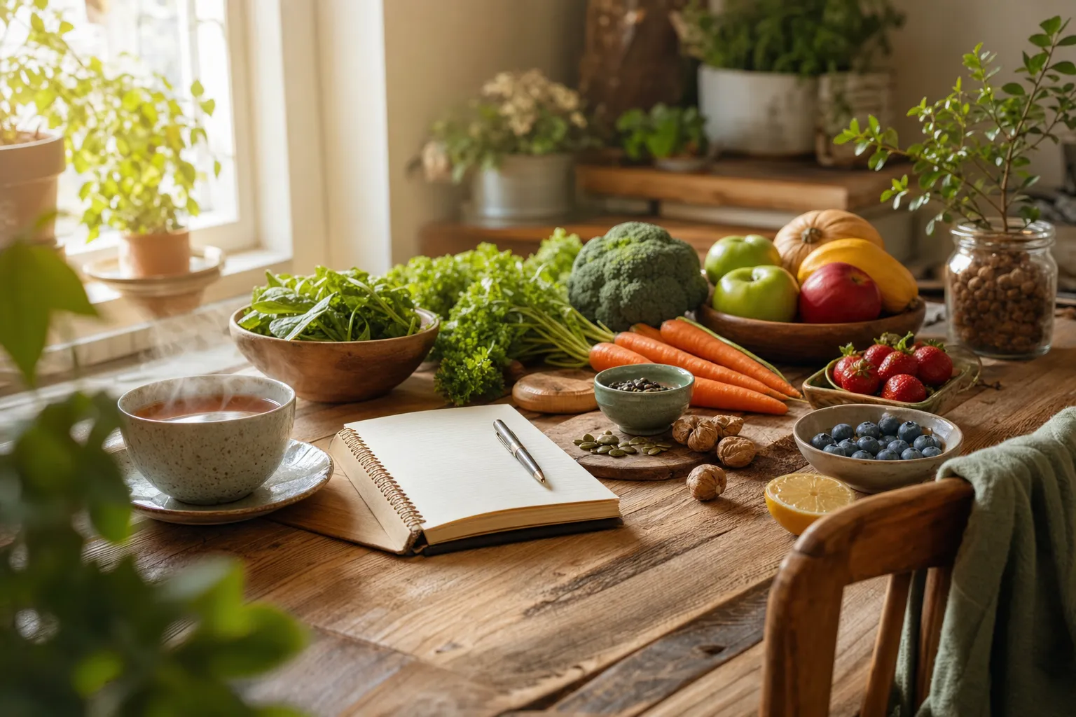 Warm gedeckter Holztisch am Fenster mit frischem Gemüse, Obst, Nüssen, Tee und Notizbuch – Mikronährstoffberatung in Österreich