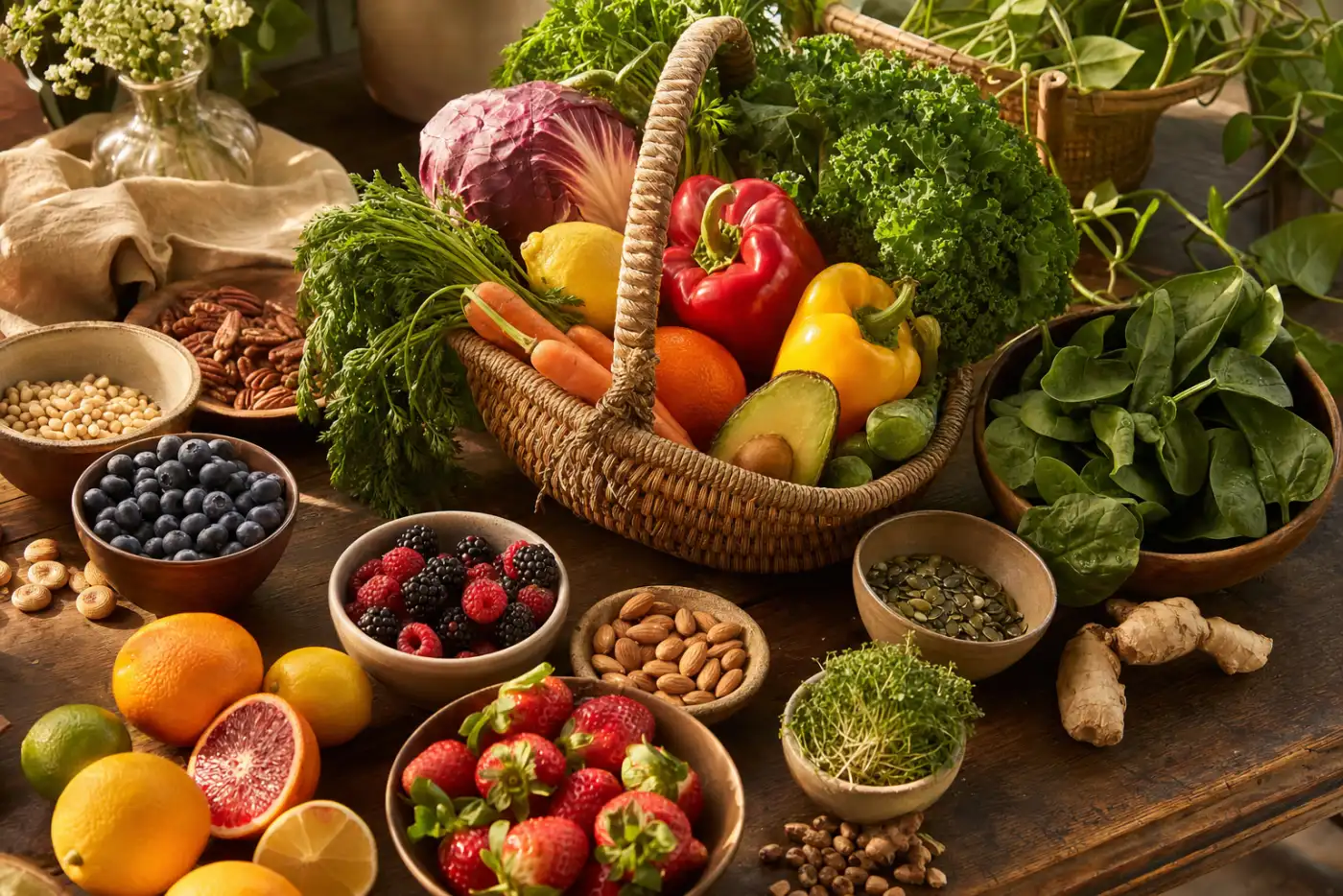 Korb mit buntem, mikronährstoffreichem Gemüse, Obst, Nüssen und Samen auf einem Holztisch – testbasierte Pharmakonutrition