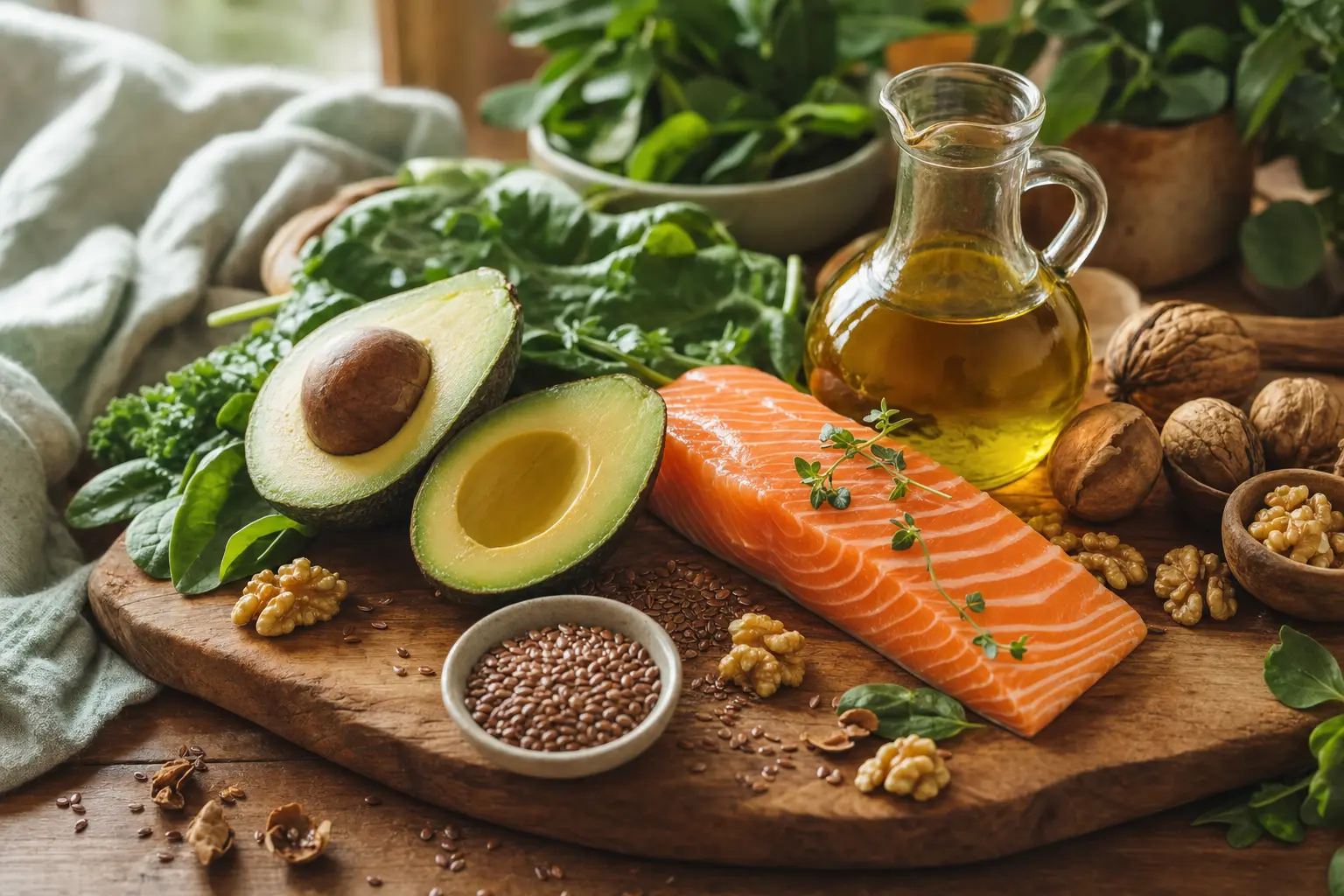 Omega-3-reiche Lebensmittel wie Lachs, Walnüsse, Avocado, Olivenöl und Leinsamen auf einem Holzbrett – Trockenblutanalyse des Omega-6-zu-Omega-3-Verhältnisses